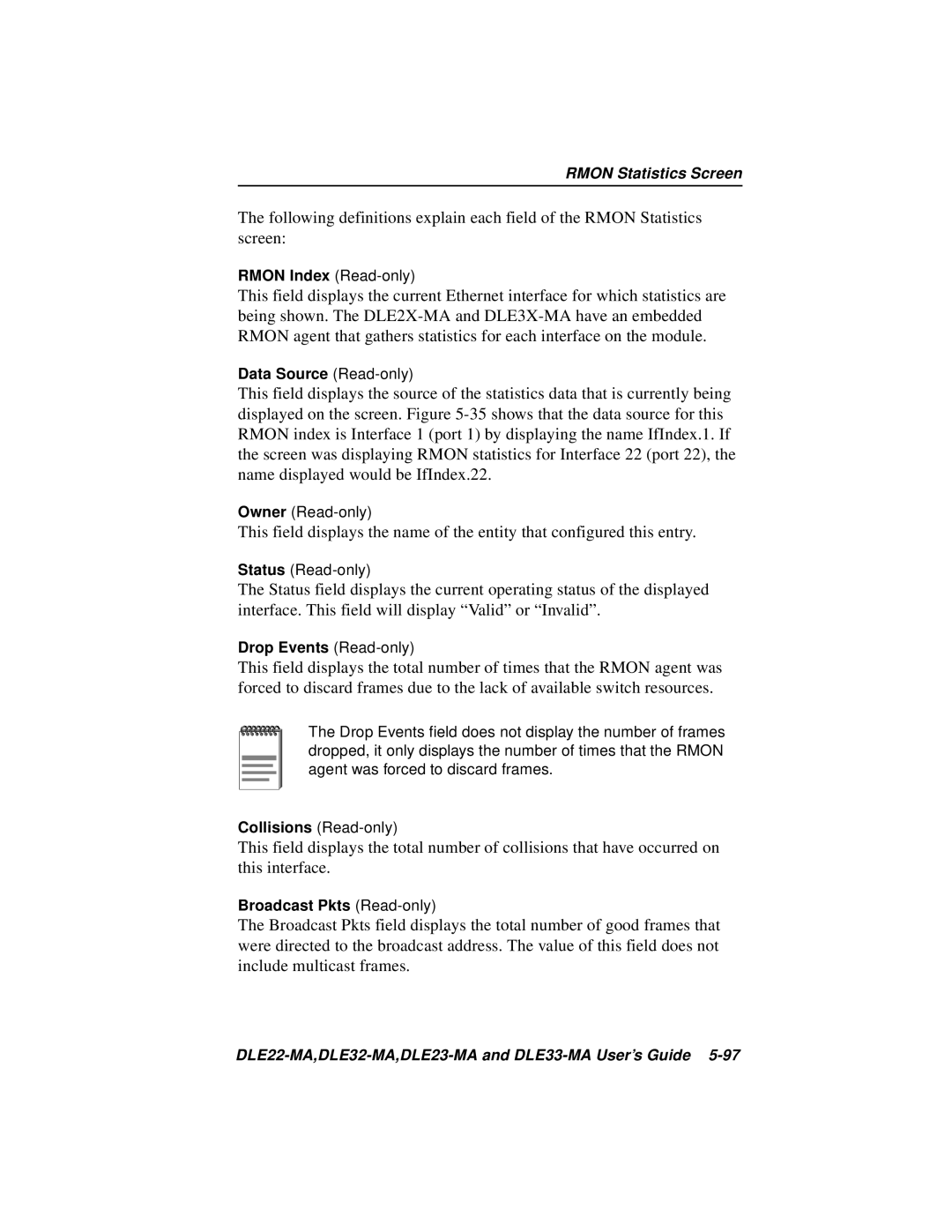 Cabletron Systems DLE22-MA, DLE33-MA, DLE32-MA, DLE23-MA manual Rmon Index Read-only 