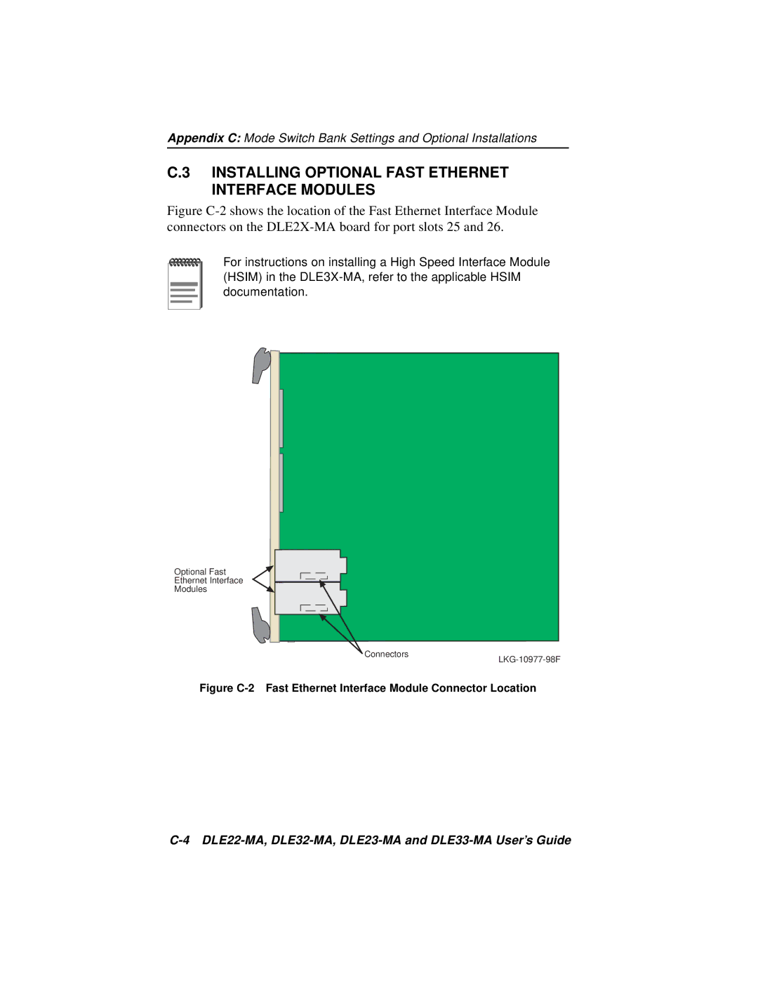 Cabletron Systems DLE33-MA, DLE22-MA, DLE32-MA, DLE23-MA manual Installing Optional Fast Ethernet Interface Modules 