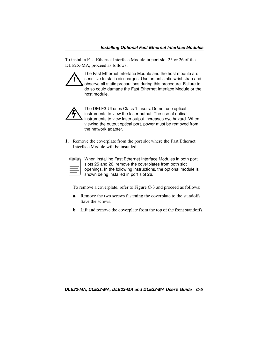 Cabletron Systems DLE22-MA, DLE33-MA, DLE32-MA, DLE23-MA manual Installing Optional Fast Ethernet Interface Modules 