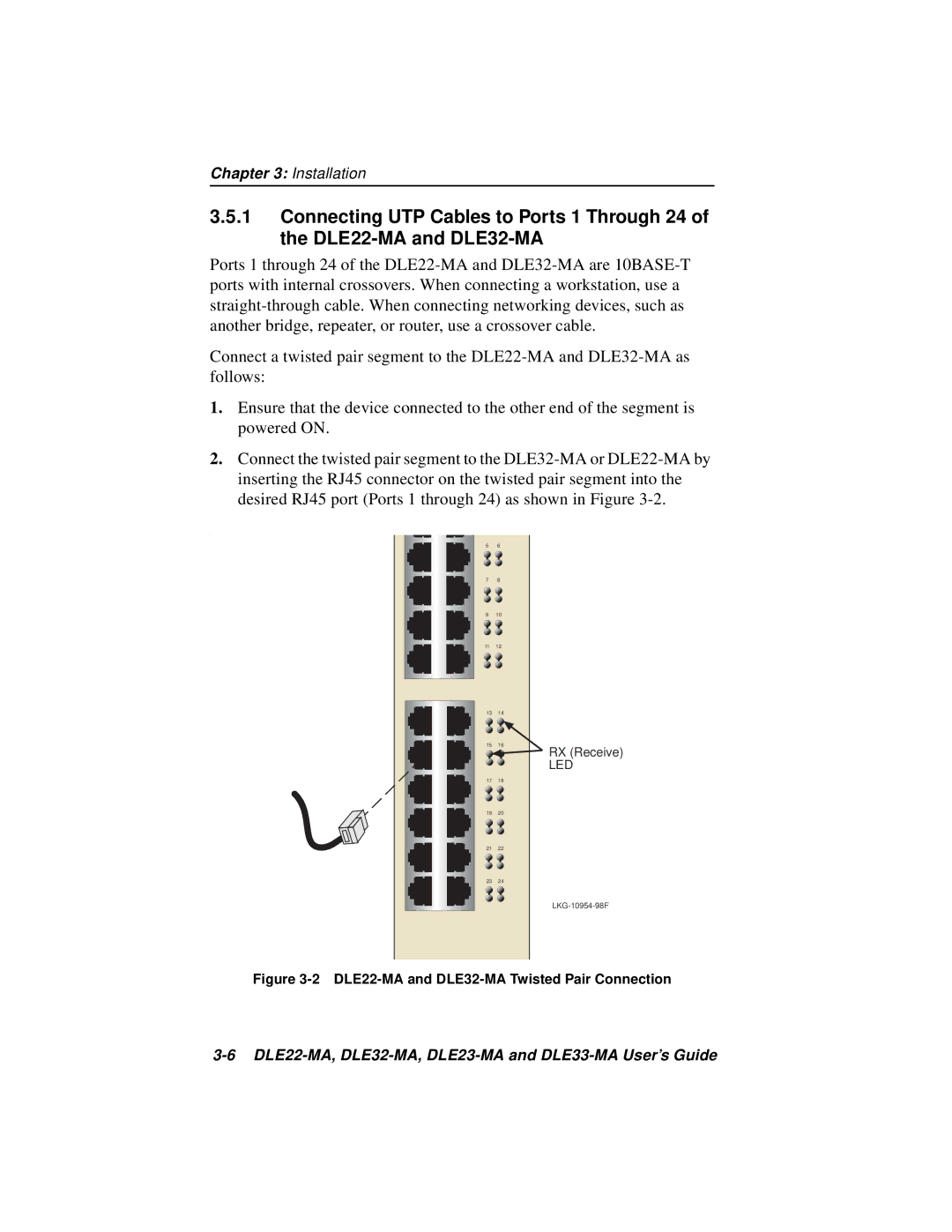 Cabletron Systems DLE33-MA, DLE23-MA manual DLE22-MA and DLE32-MA Twisted Pair Connection 