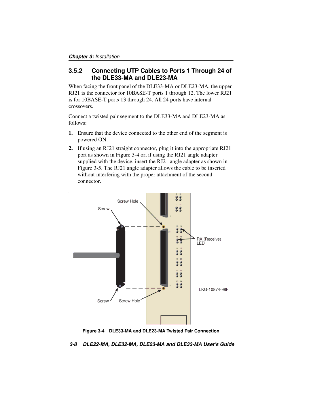 Cabletron Systems DLE32-MA, DLE22-MA manual DLE33-MA and DLE23-MA Twisted Pair Connection 