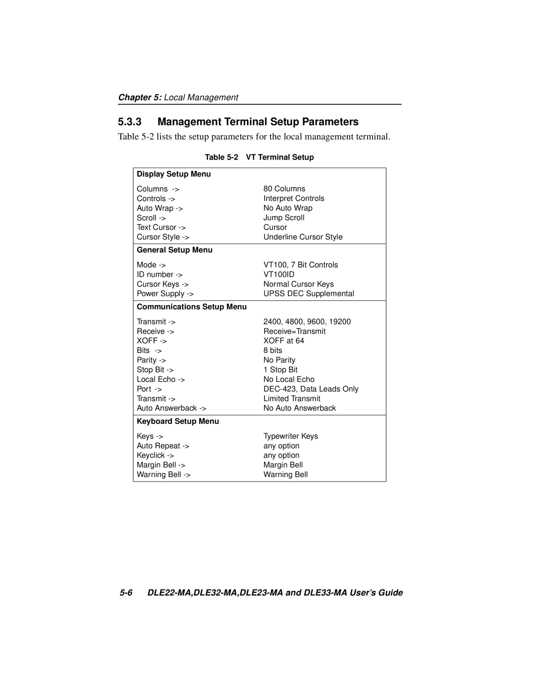 Cabletron Systems DLE32-MA, DLE33-MA, DLE22-MA, DLE23-MA manual Management Terminal Setup Parameters, Display Setup Menu 