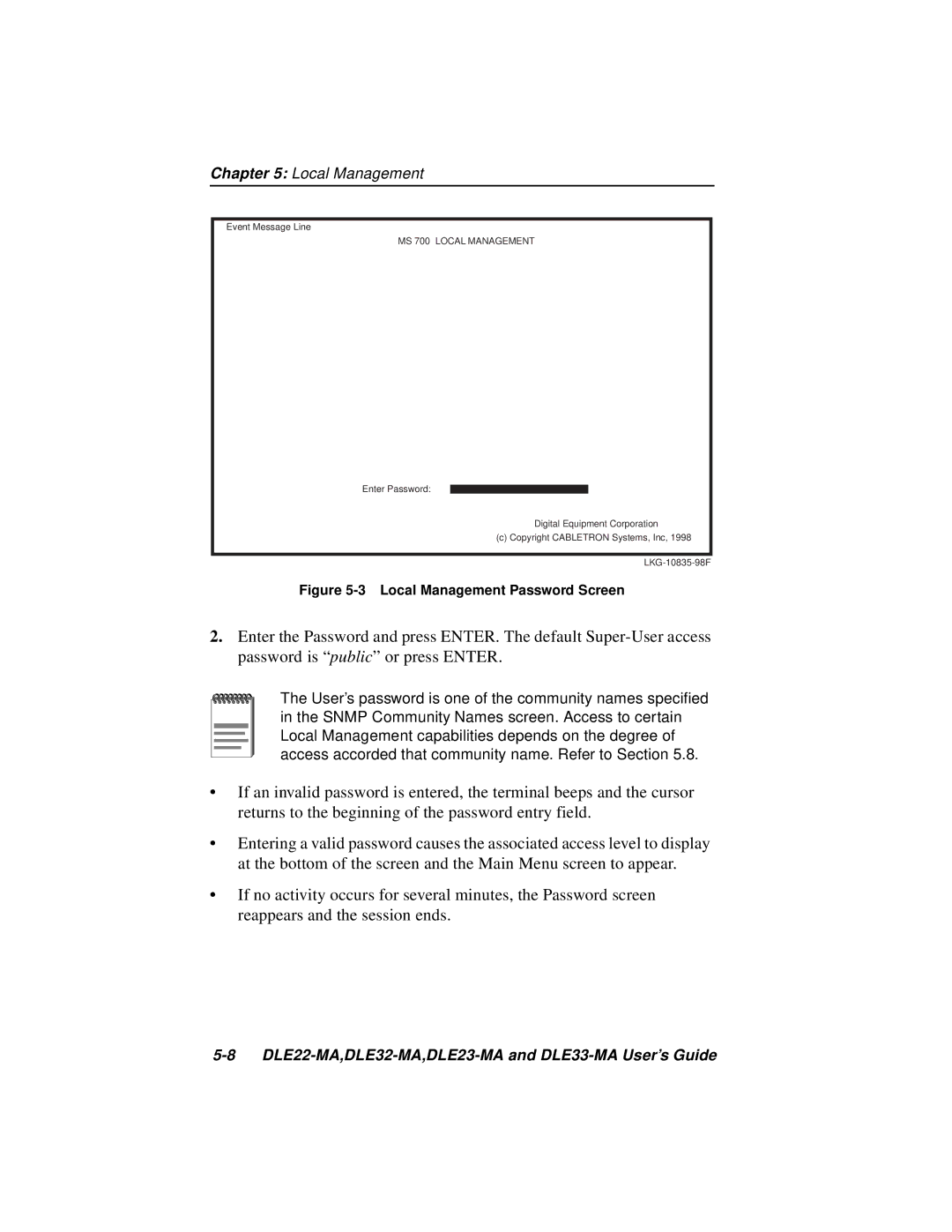 Cabletron Systems DLE33-MA, DLE22-MA, DLE32-MA, DLE23-MA manual Local Management Password Screen 