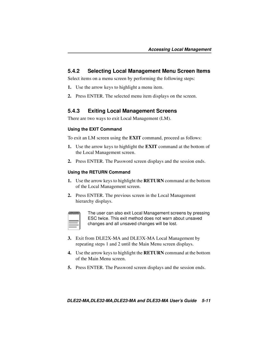 Cabletron Systems DLE23-MA, DLE33-MA manual Selecting Local Management Menu Screen Items, Exiting Local Management Screens 