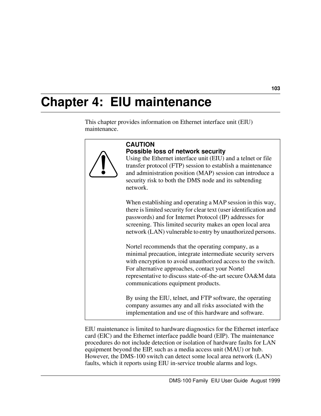 Cabletron Systems DMS-100 manual EIU maintenance, 103 