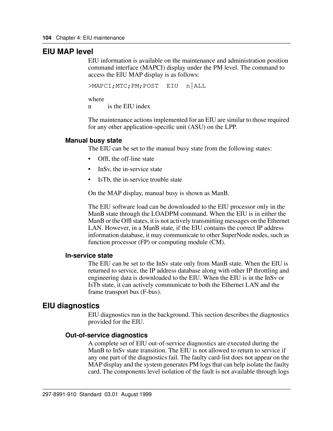 Cabletron Systems DMS-100 EIU MAP level, EIU diagnostics, Manual busy state, In-service state, Out-of-service diagnostics 