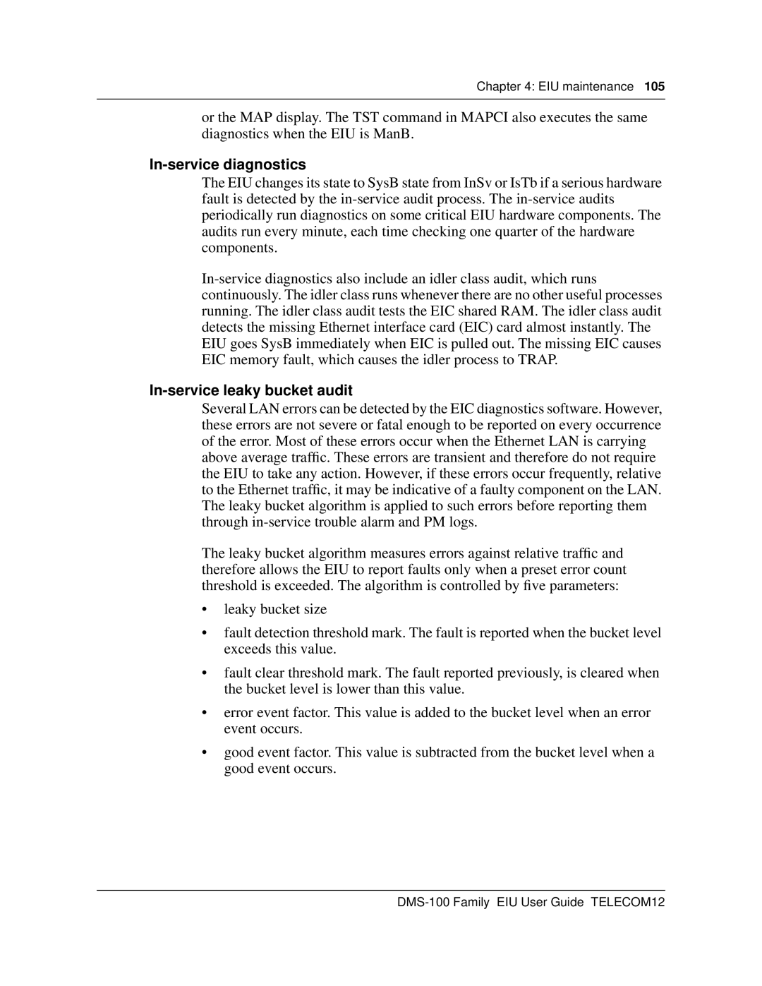 Cabletron Systems DMS-100 manual In-service diagnostics, In-service leaky bucket audit 