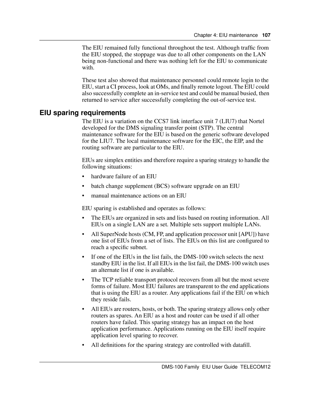 Cabletron Systems DMS-100 manual EIU sparing requirements 