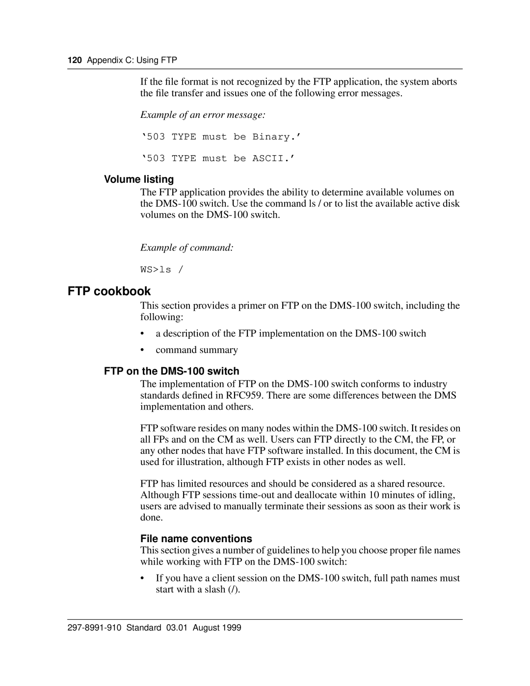 Cabletron Systems manual FTP cookbook, Volume listing, FTP on the DMS-100 switch, File name conventions 