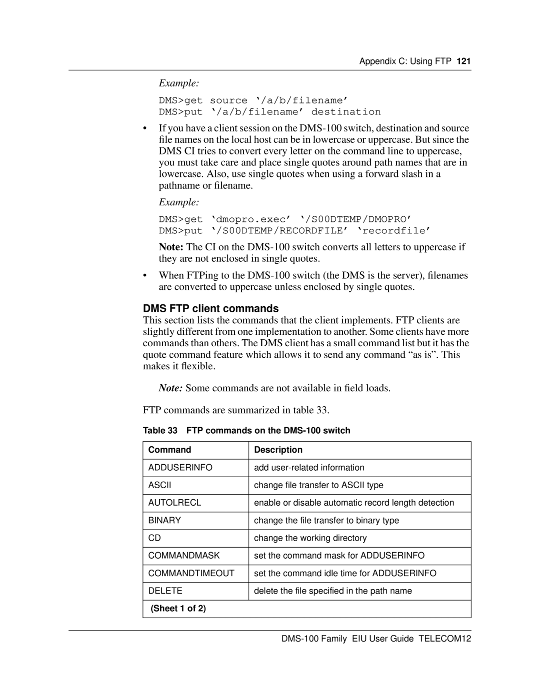 Cabletron Systems manual DMS FTP client commands, FTP commands on the DMS-100 switch Command Description 