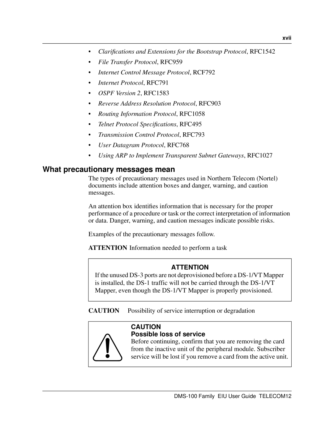 Cabletron Systems DMS-100 manual What precautionary messages mean, Possible loss of service, Xvii 