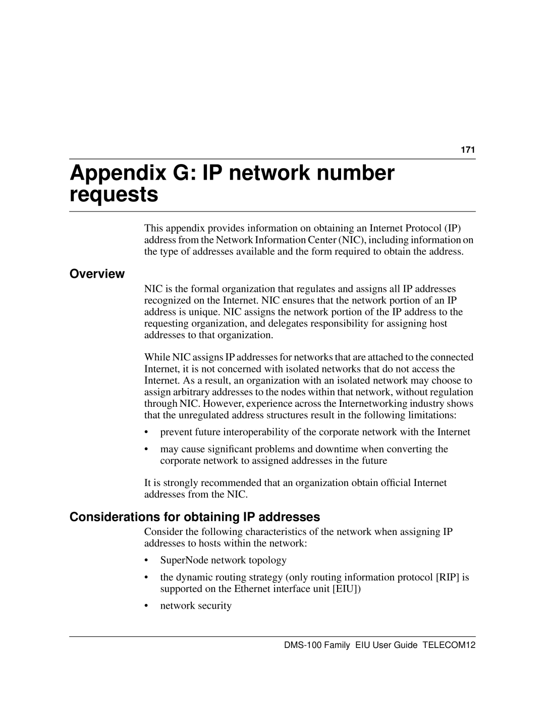 Cabletron Systems DMS-100 Appendix G IP network number requests, Overview, Considerations for obtaining IP addresses, 171 