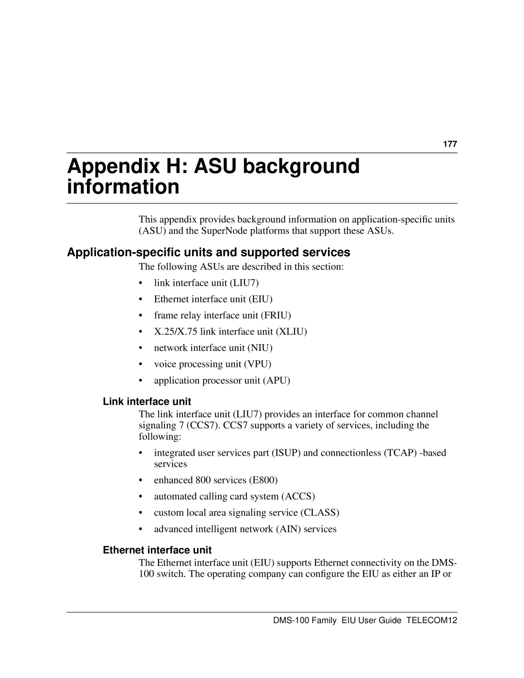 Cabletron Systems DMS-100 Appendix H ASU background information, Application-speciﬁc units and supported services, 177 