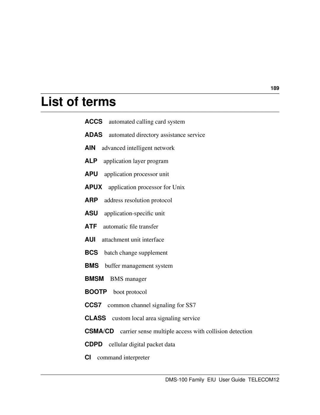 Cabletron Systems DMS-100 manual List of terms, 189 