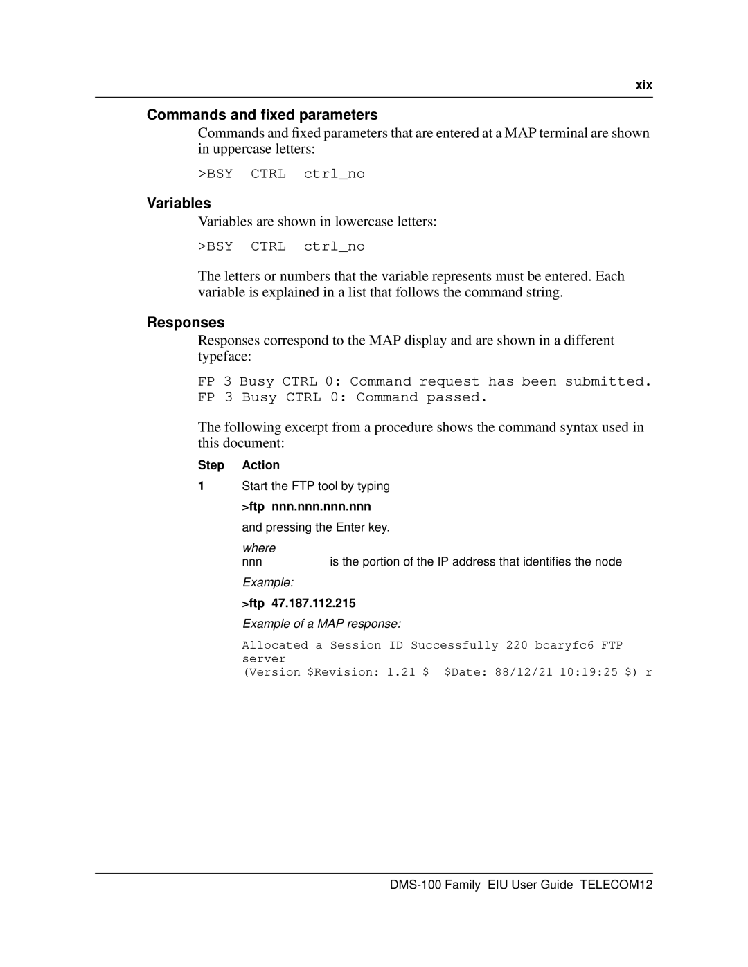 Cabletron Systems DMS-100 manual Commands and ﬁxed parameters, Variables, Responses 