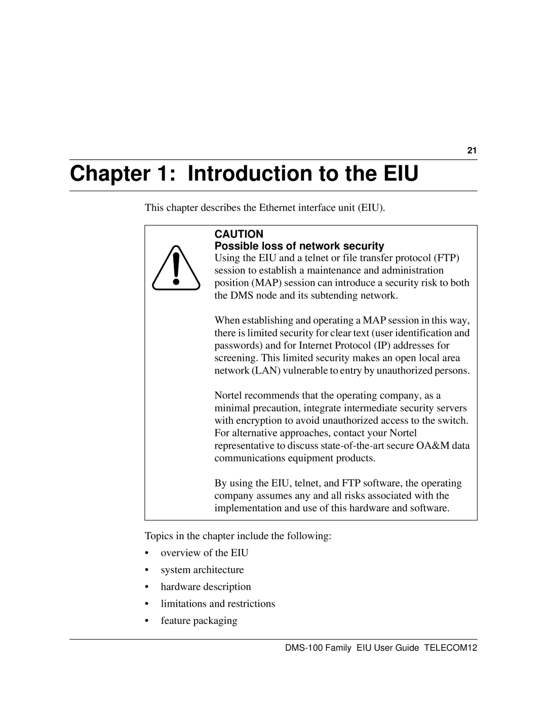 Cabletron Systems DMS-100 manual Introduction to the EIU, Possible loss of network security 