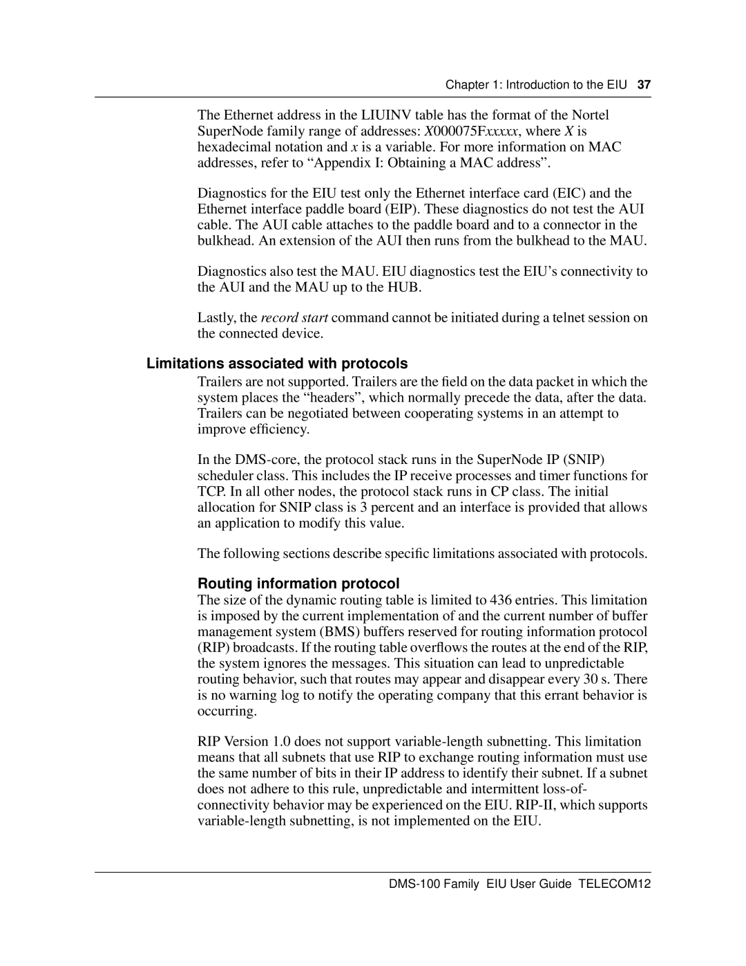 Cabletron Systems DMS-100 manual Limitations associated with protocols, Routing information protocol 