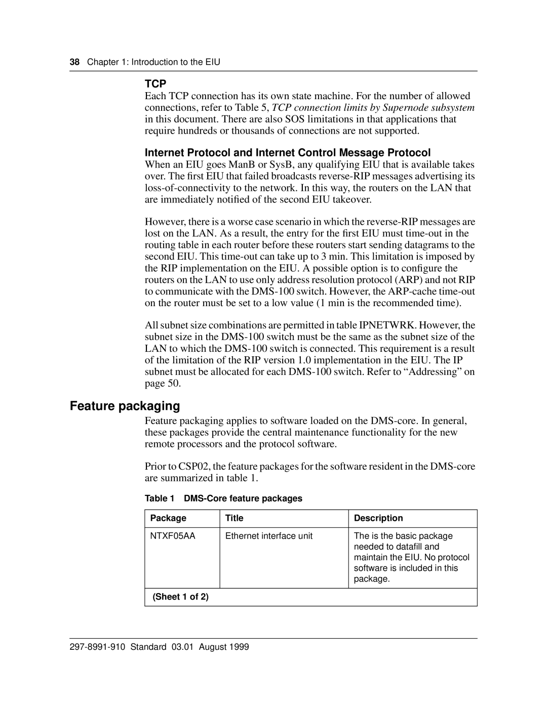 Cabletron Systems DMS-100 Feature packaging, Internet Protocol and Internet Control Message Protocol, NTXF05AA, Sheet 1 