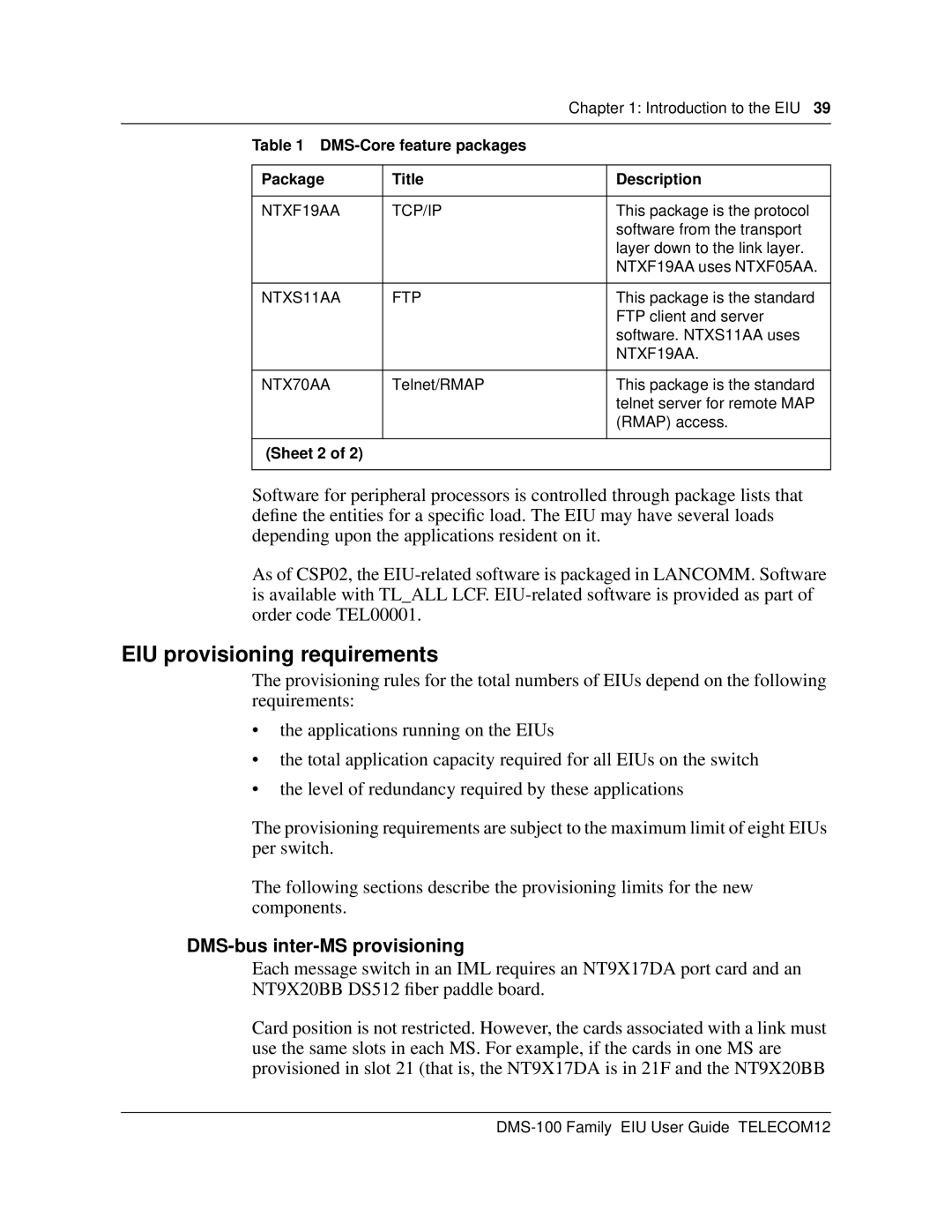 Cabletron Systems DMS-100 manual EIU provisioning requirements, DMS-bus inter-MS provisioning, Sheet 2 