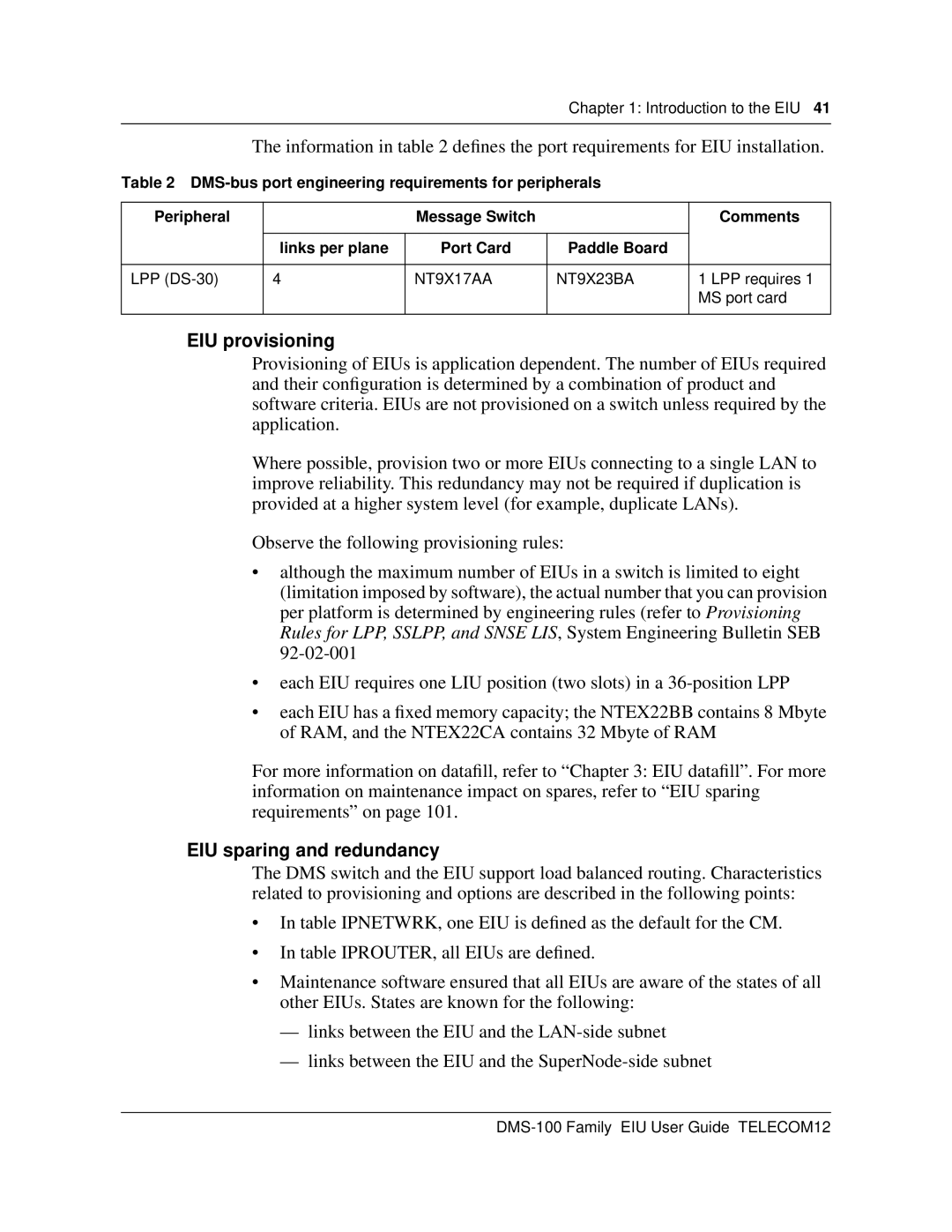 Cabletron Systems DMS-100 manual EIU provisioning, EIU sparing and redundancy, NT9X17AA NT9X23BA 