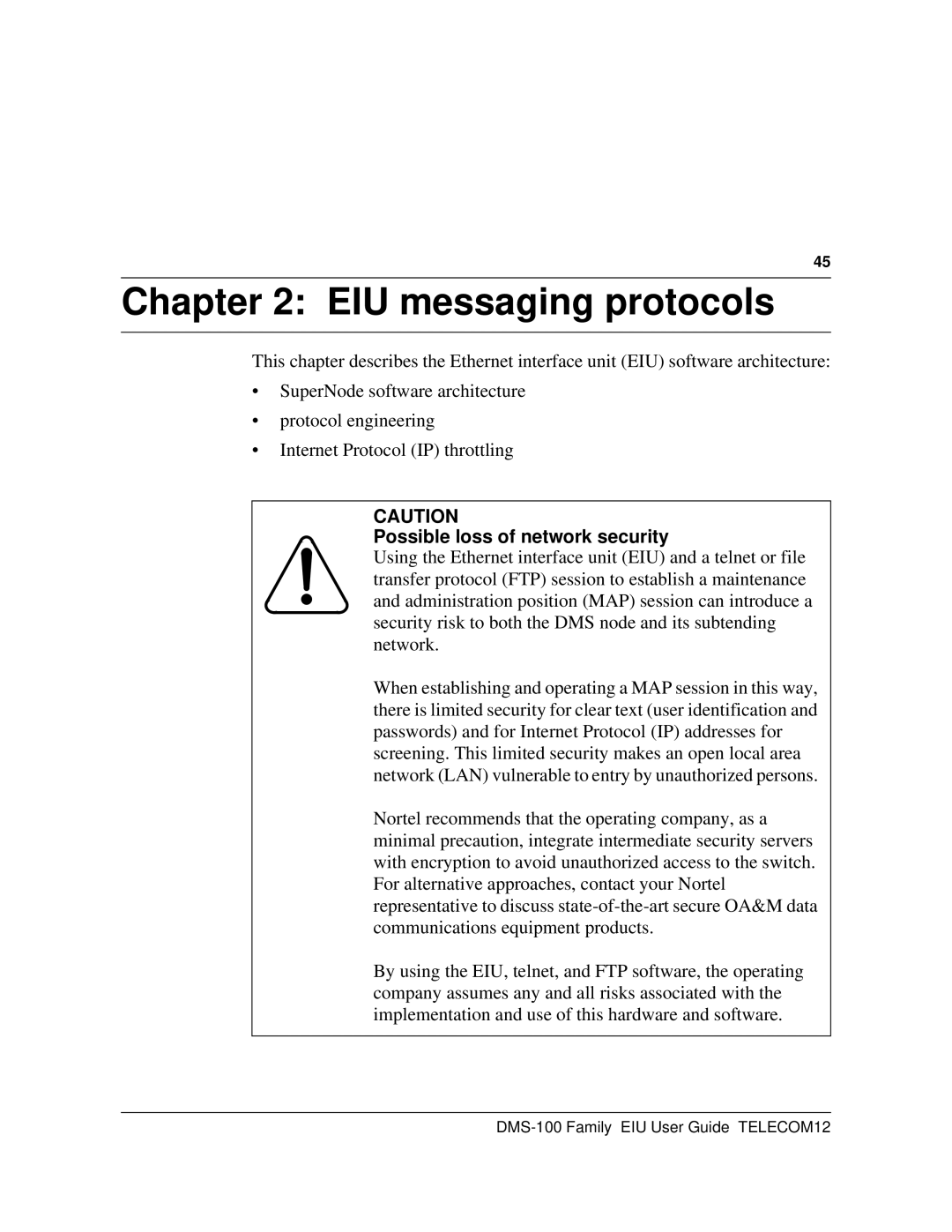 Cabletron Systems DMS-100 manual EIU messaging protocols, Possible loss of network security 