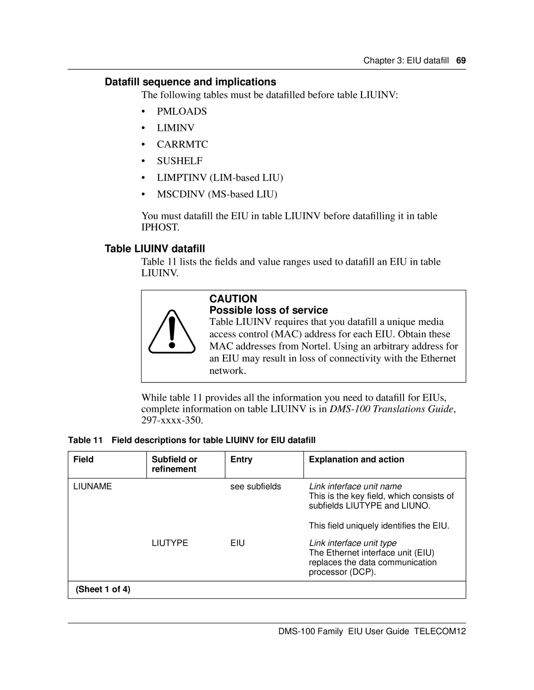 Cabletron Systems DMS-100 manual Dataﬁll sequence and implications, Table Liuinv dataﬁll, Link interface unit name 