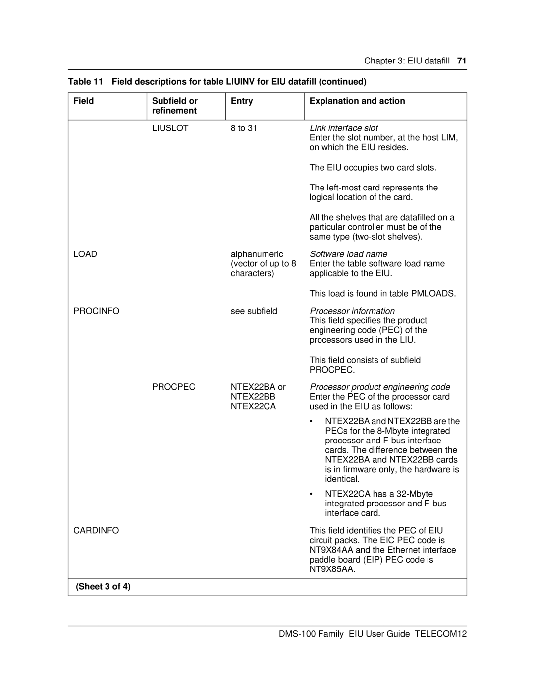 Cabletron Systems DMS-100 manual Link interface slot, Software load name, Processor information, Sheet 3 