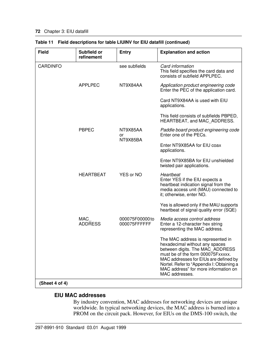 Cabletron Systems DMS-100 manual EIU MAC addresses, Sheet 4 