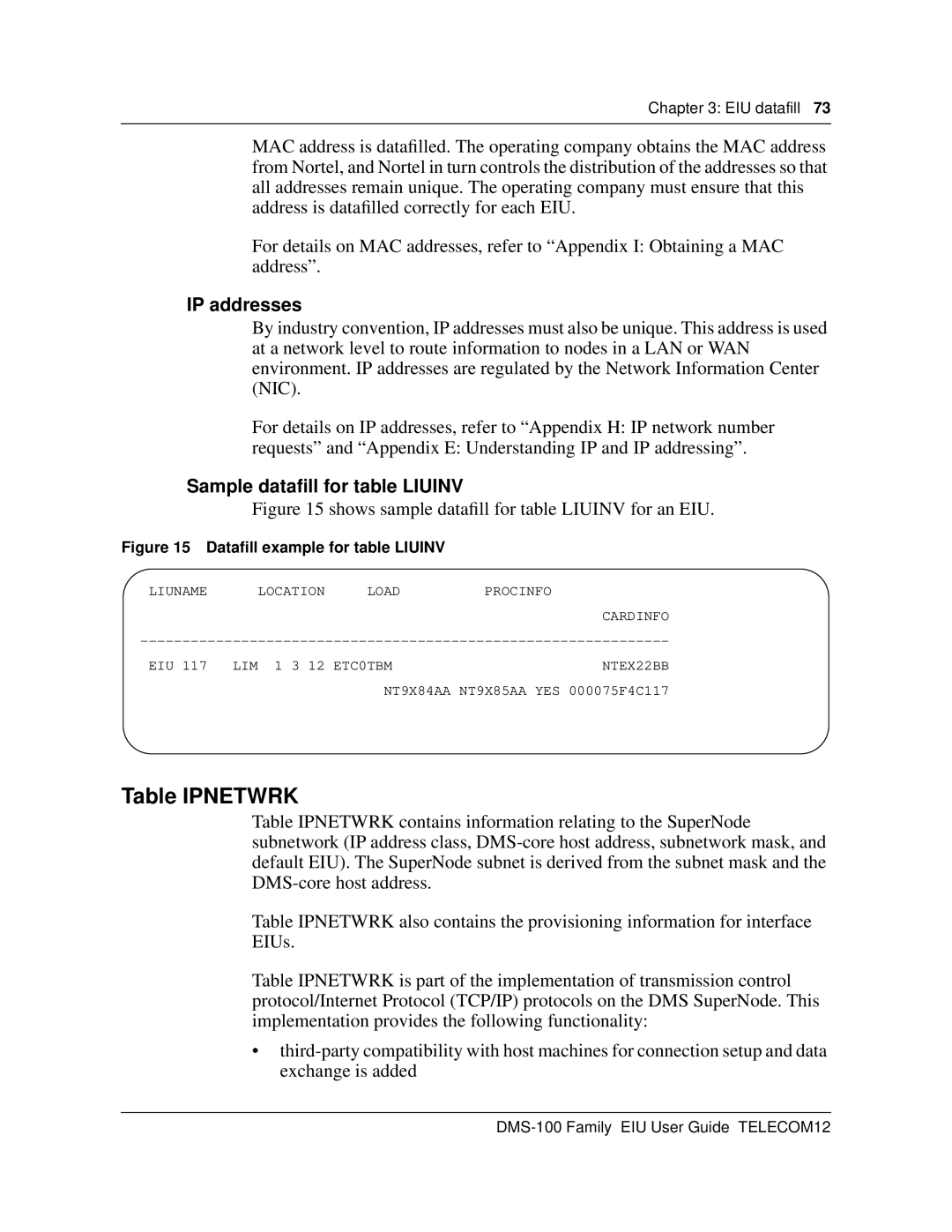 Cabletron Systems DMS-100 manual Table Ipnetwrk, IP addresses, Sample dataﬁll for table Liuinv 