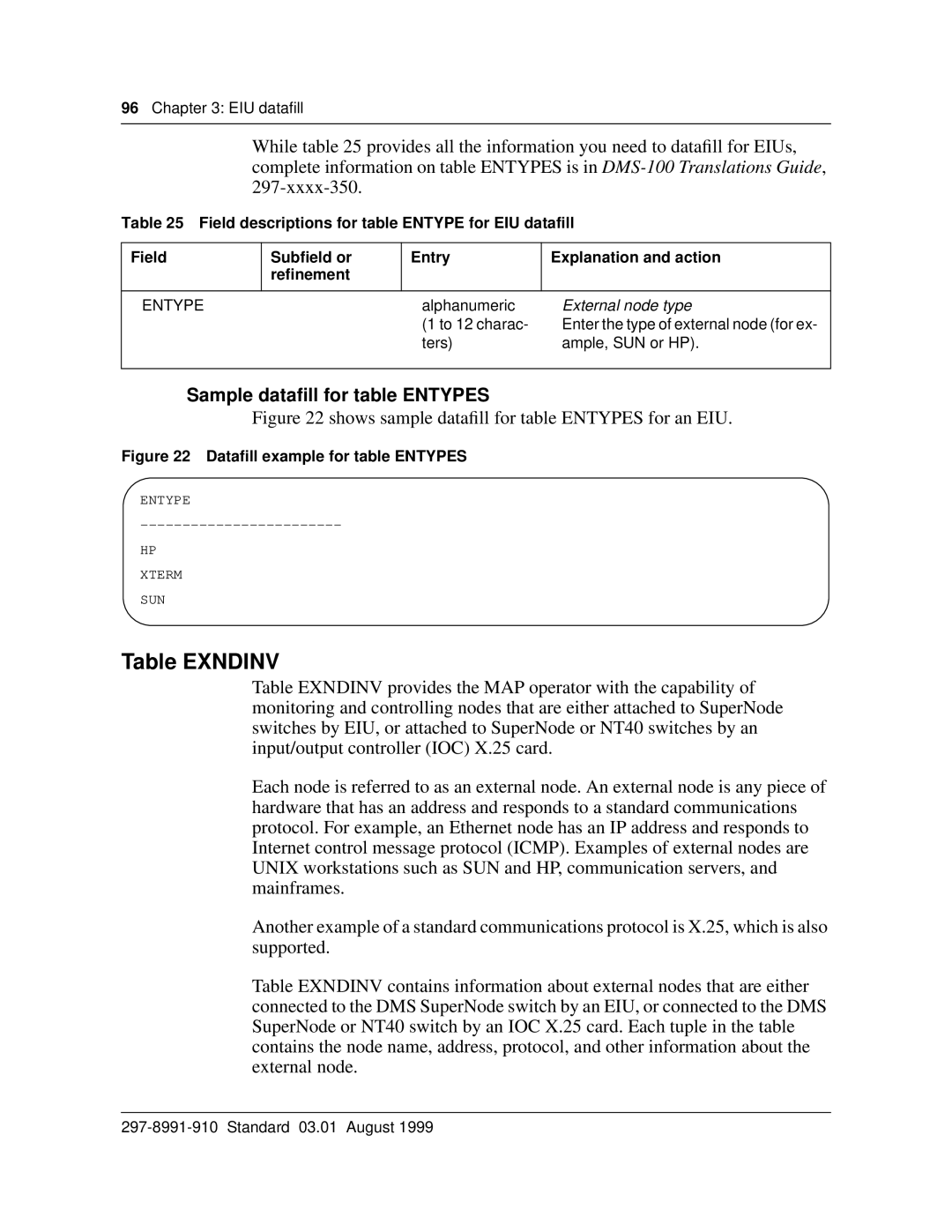 Cabletron Systems DMS-100 manual Table Exndinv, Sample dataﬁll for table Entypes, External node type 