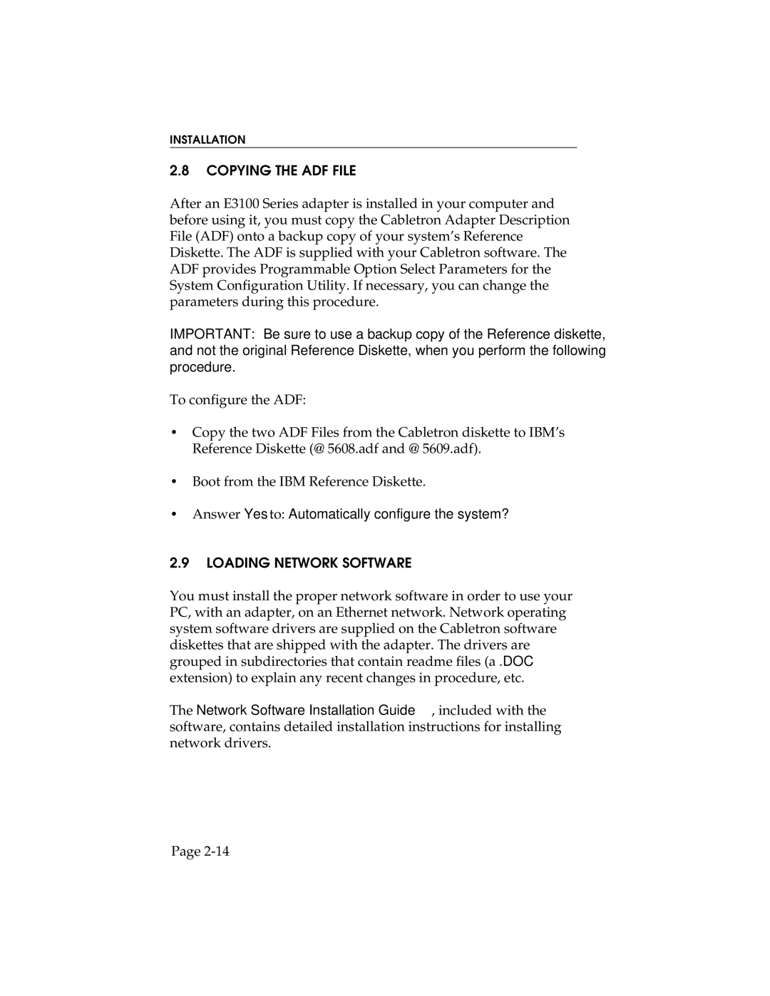 Cabletron Systems E2100, E1100, E3100 manual Copying the ADF File, Loading Network Software 