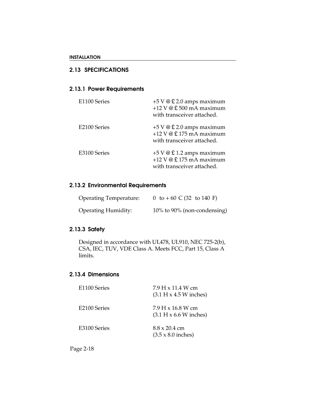 Cabletron Systems E1100, E2100, E3100 Specifications, Power Requirements, Environmental Requirements, Safety, Dimensions 