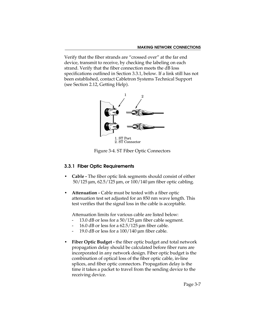 Cabletron Systems E3100, E2100, E1100 manual ST Fiber Optic Connectors, Fiber Optic Requirements 