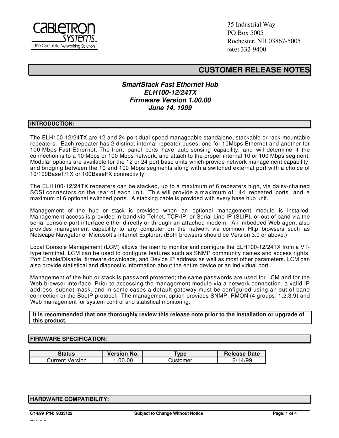 Cabletron Systems ELH-100-12/24TX specifications Introduction, Firmware Specification, Status Version No Type Release Date 