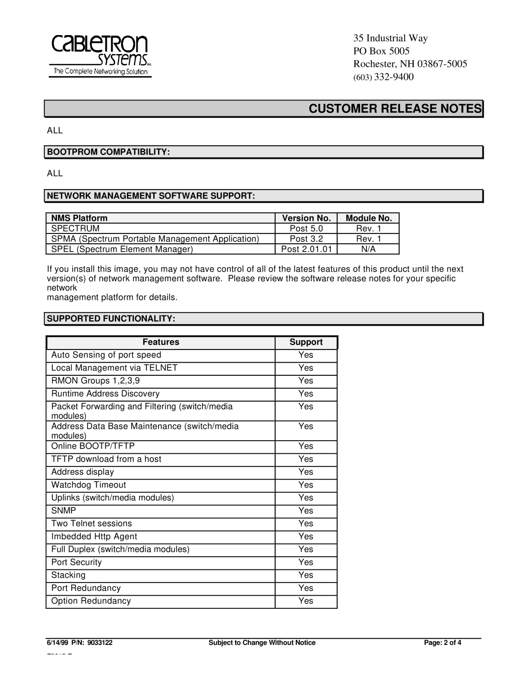 Cabletron Systems ELH-100-12/24TX Bootprom Compatibility, Network Management Software Support, Supported Functionality 