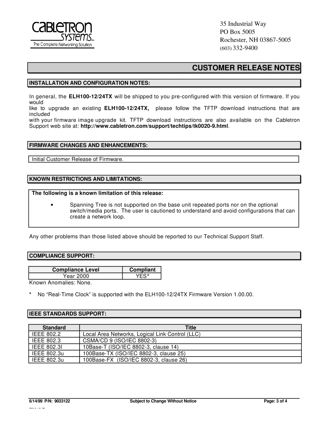 Cabletron Systems ELH-100-12/24TX Installation and Configuration Notes, Firmware Changes and Enhancements, Yes 