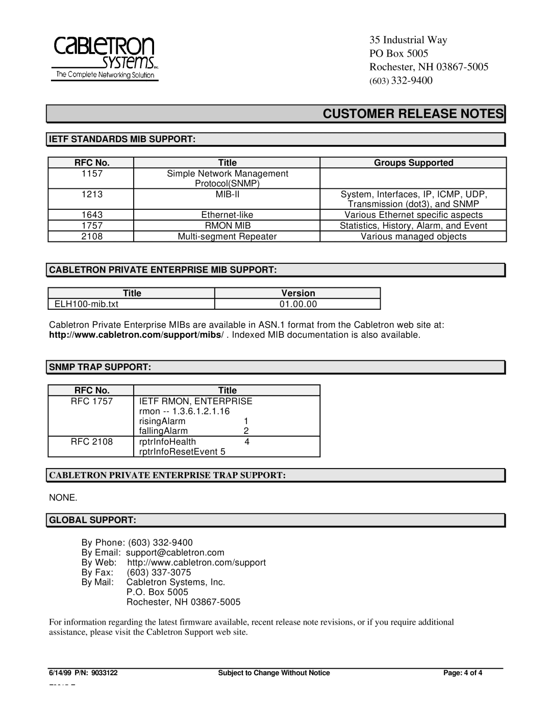 Cabletron Systems ELH-100-12/24TX Ietf Standards MIB Support, Cabletron Private Enterprise MIB Support, Snmp Trap Support 