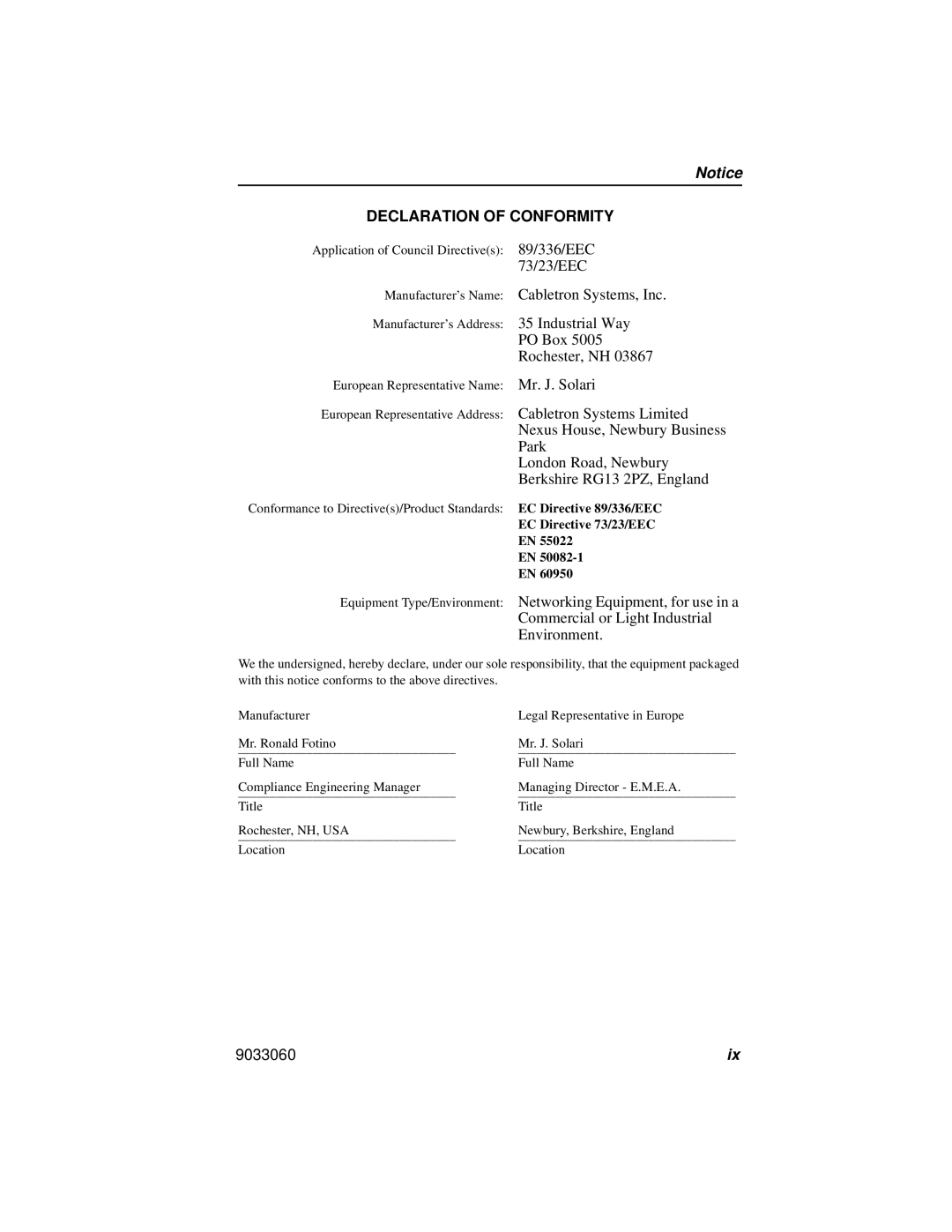 Cabletron Systems ELH100 manual Declaration of Conformity 