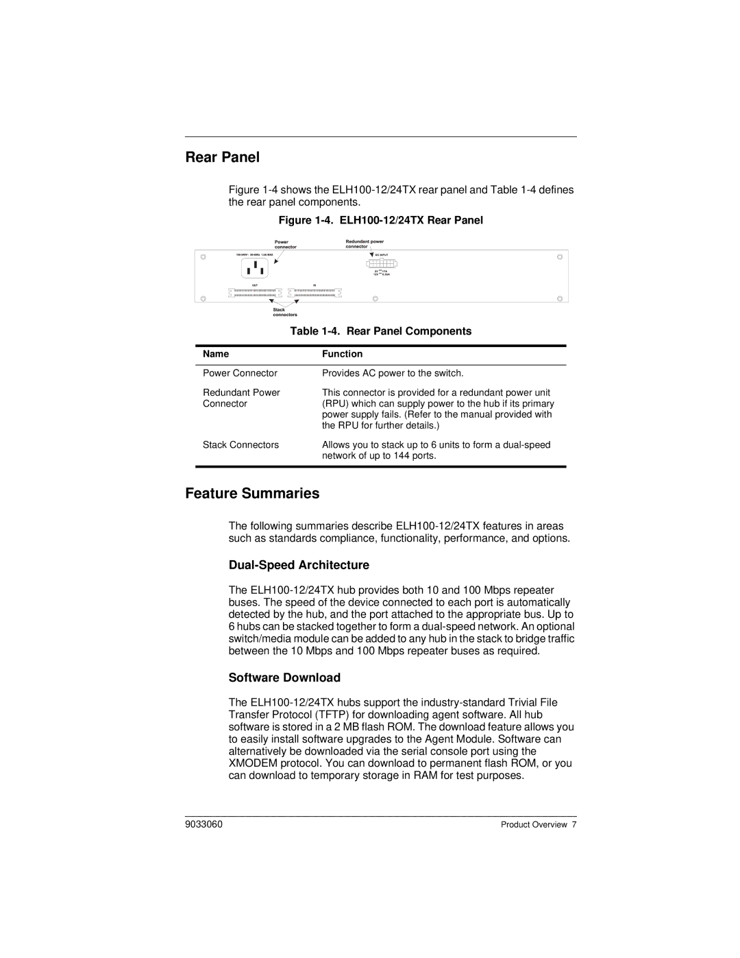 Cabletron Systems ELH100 manual Rear Panel, Feature Summaries, Dual-Speed Architecture, Software Download 