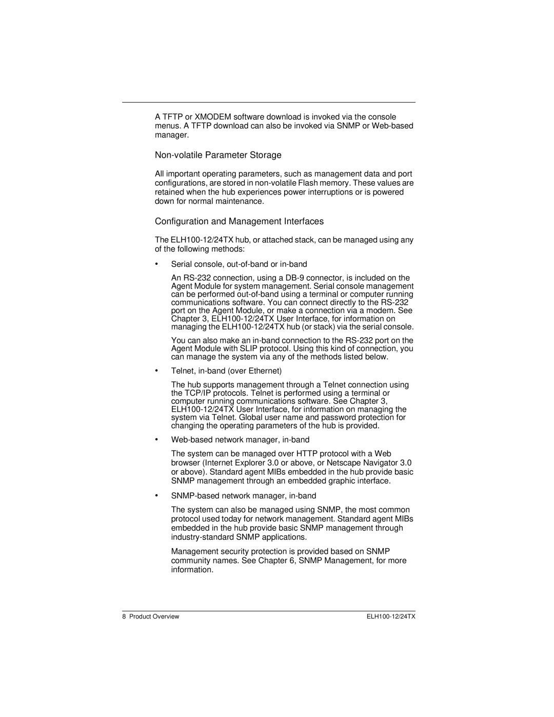 Cabletron Systems ELH100 manual Non-volatile Parameter Storage, Configuration and Management Interfaces 