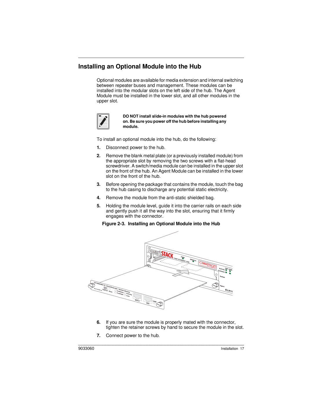 Cabletron Systems ELH100 manual Installing an Optional Module into the Hub 