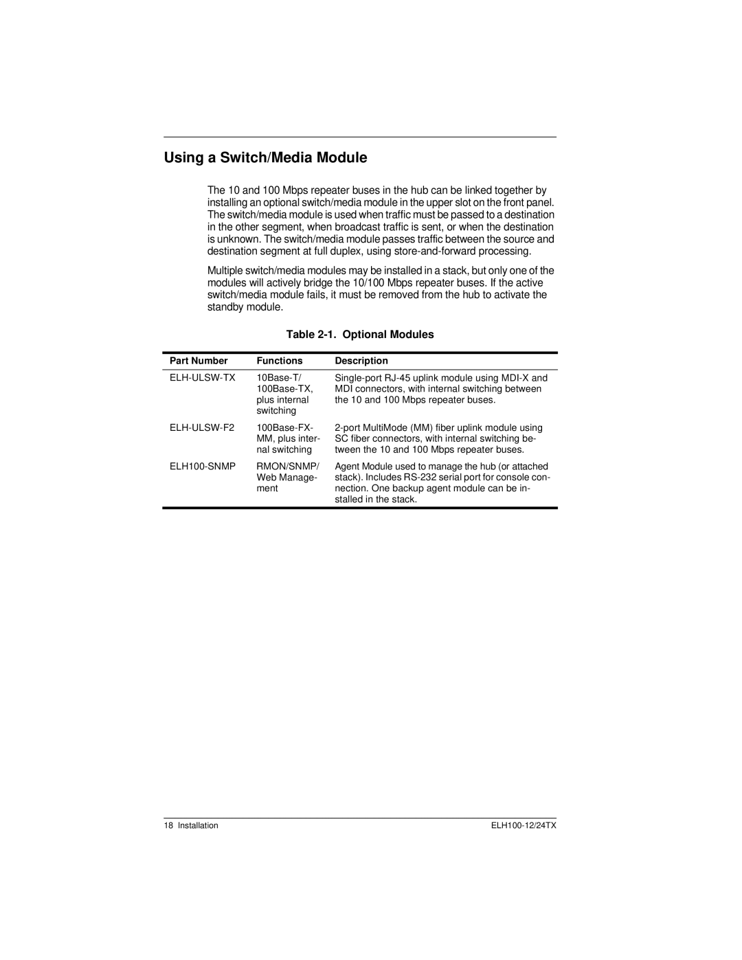 Cabletron Systems ELH100 manual Using a Switch/Media Module, Part Number Functions Description 