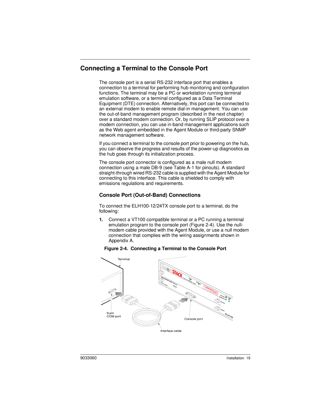 Cabletron Systems ELH100 manual Connecting a Terminal to the Console Port, Console Port Out-of-Band Connections 