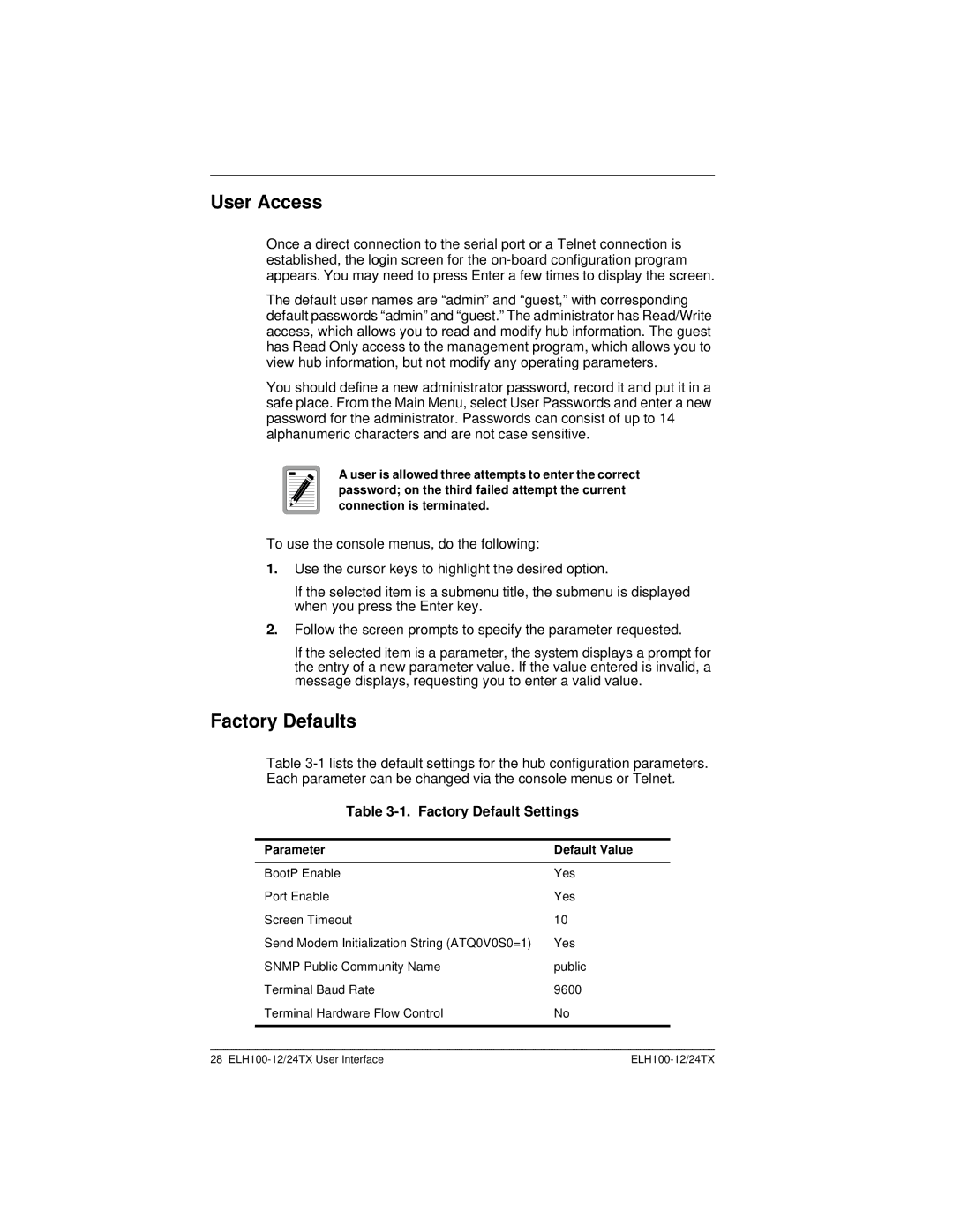 Cabletron Systems ELH100 manual User Access, Factory Defaults, Parameter Default Value 