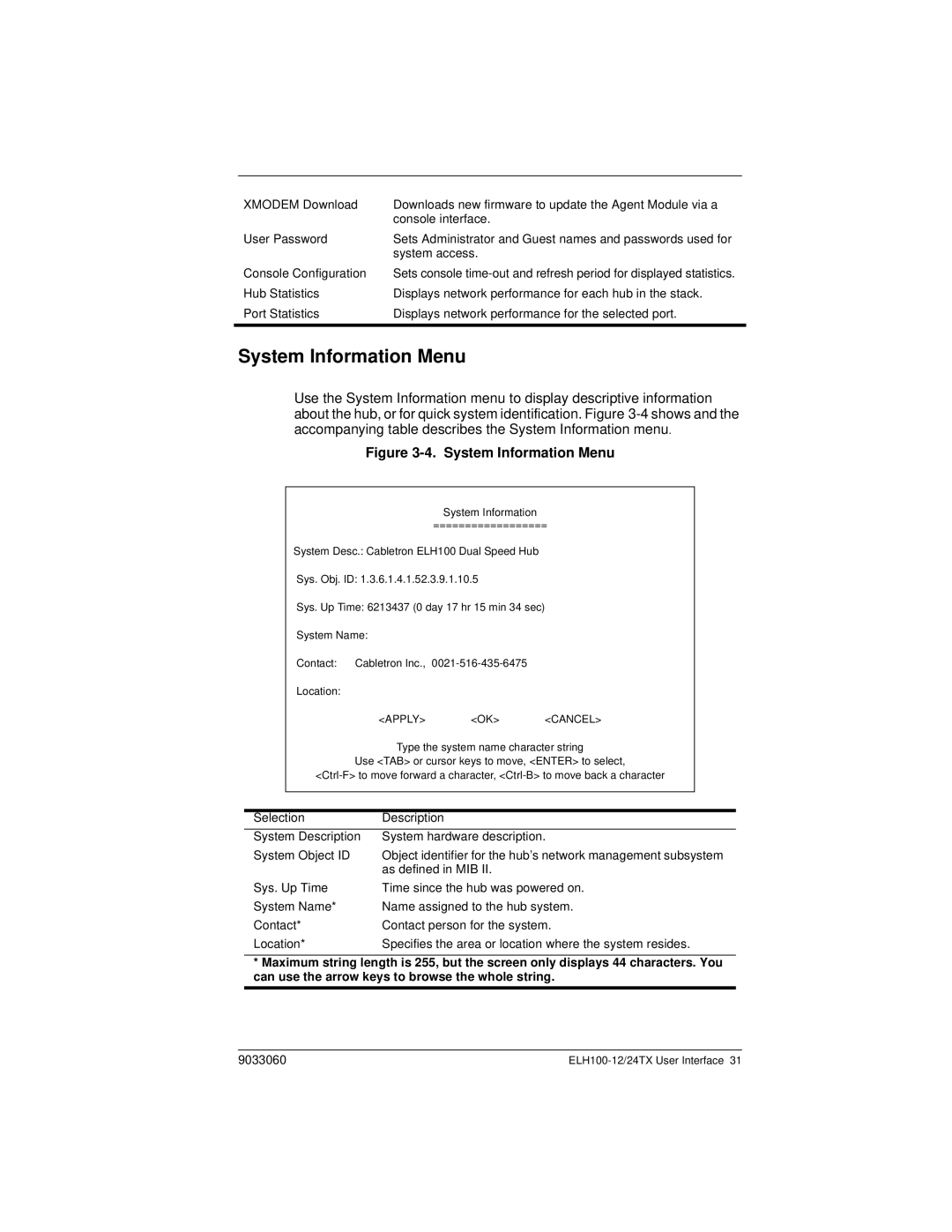 Cabletron Systems ELH100 manual System Information Menu, Apply OK Cancel 