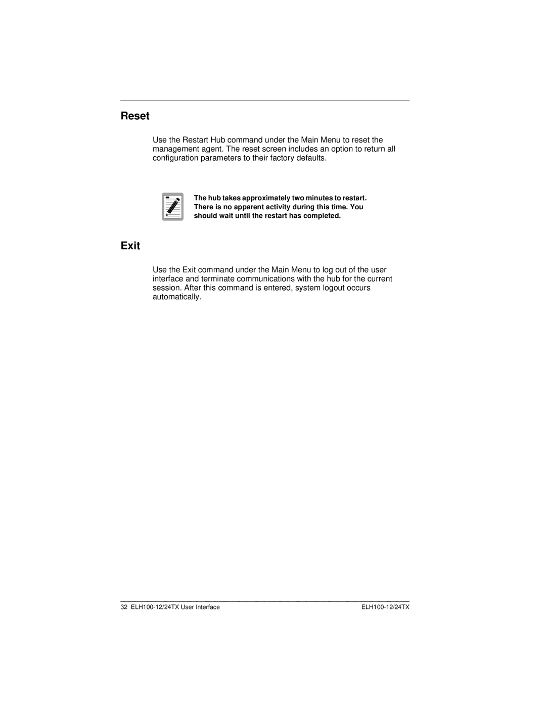 Cabletron Systems ELH100 manual Reset, Exit 