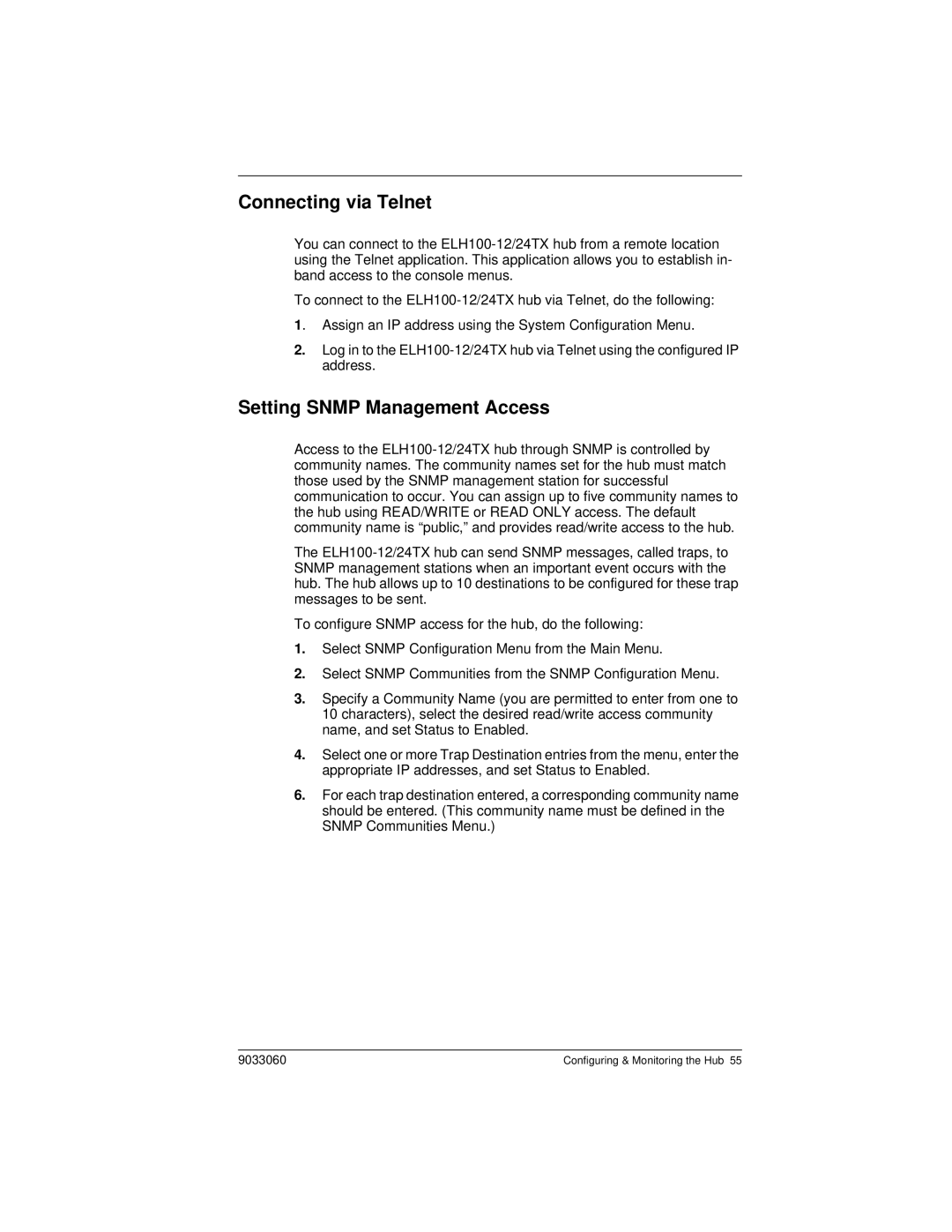 Cabletron Systems ELH100 manual Connecting via Telnet, Setting Snmp Management Access 