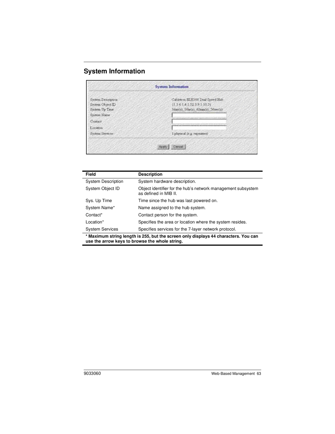 Cabletron Systems ELH100 manual System Information, Field Description 