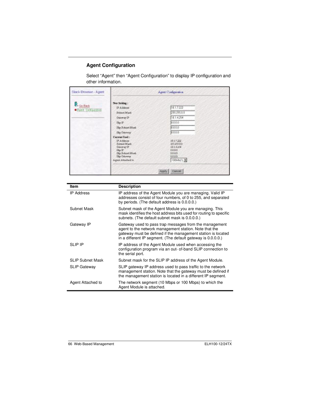 Cabletron Systems ELH100 manual Agent Configuration 