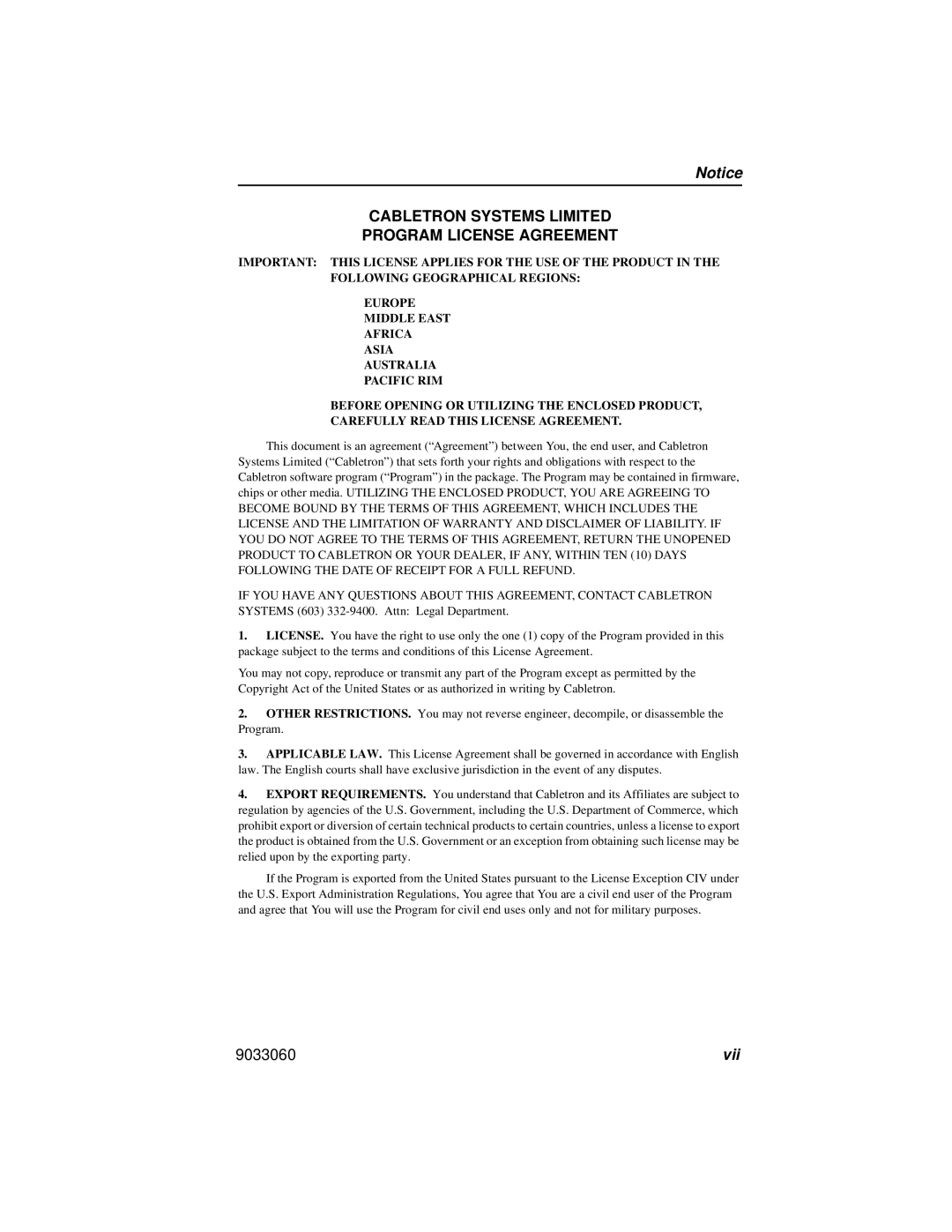 Cabletron Systems ELH100 manual Vii 